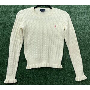 Polo Ralph Lauren Girl's Cable Knit Cotton Cardigan XL 16 White Logo vintage 70s